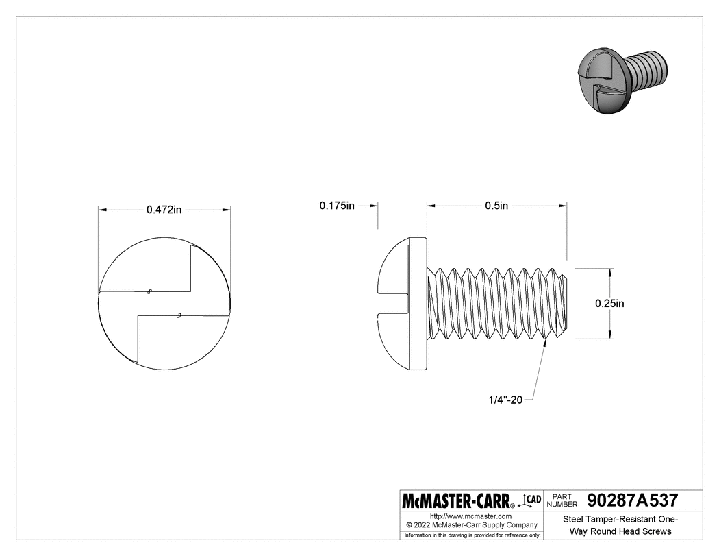 Technical Drawing of Steel Tamper-Resistant One-Way Round Head Screws, 1/4"-20 Thread Size, 1/2" Long.